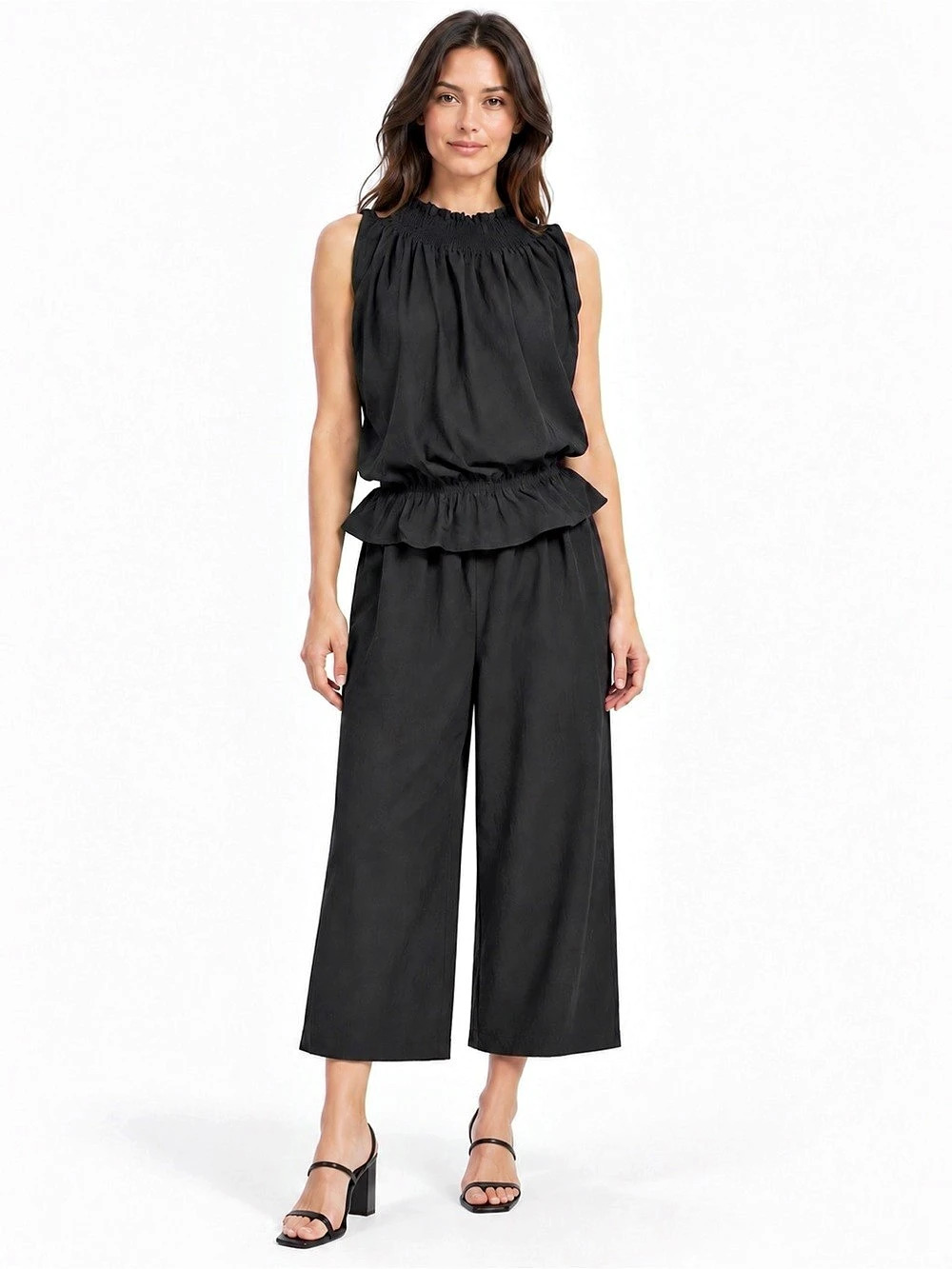Black Wide Leg 2 piece set sleeveless smocked top wide leg cropped pants XL